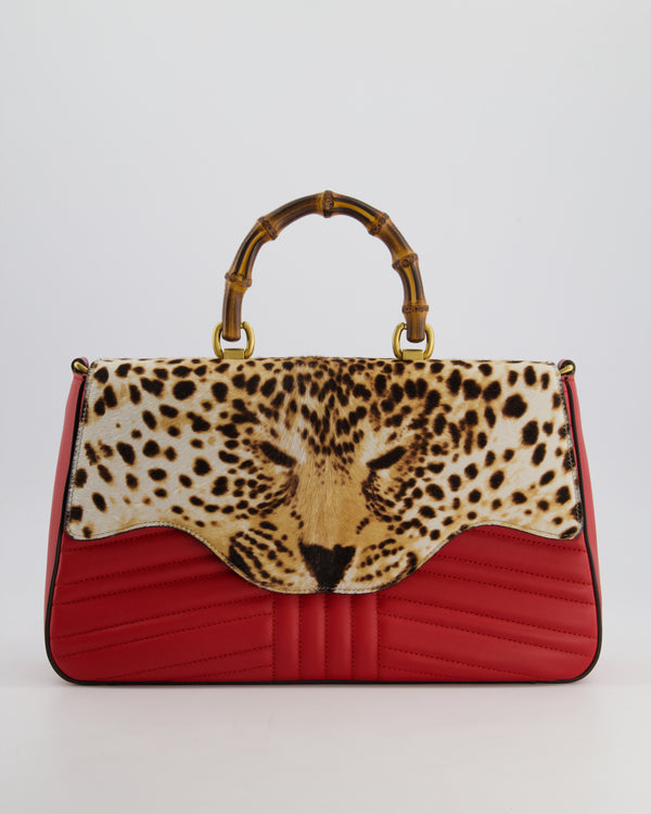 Gucci Brown Leopard Calf Hair and Red Leather Bag with Bamboo Top Handle and Brushed Gold Hardware