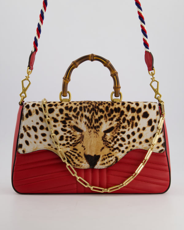 Gucci Brown Leopard Calf Hair and Red Leather Bag with Bamboo Top Handle and Brushed Gold Hardware