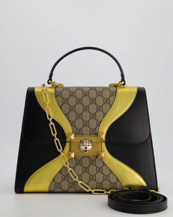 Gucci Black & Gold Osiride Large Flap Bag in Monogram & Leather with Brushed Gold Hardware