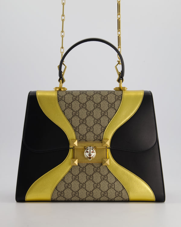 Gucci Black & Gold Osiride Large Flap Bag in Monogram & Leather with Brushed Gold Hardware