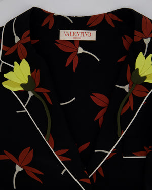 Valentino Black Silk Shirt and Trousers Set With Rust Floral Print and Yellow Embroidered Flower Detail Size IT 42 (UK 10)