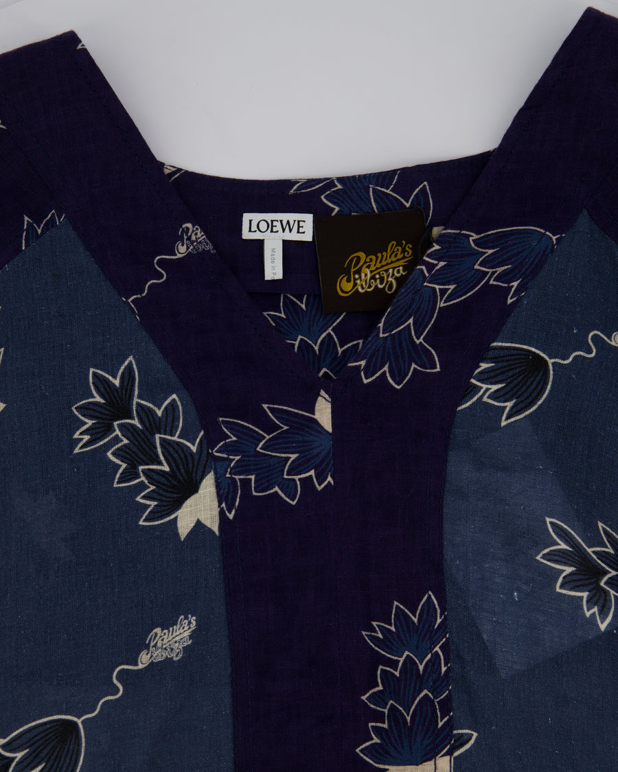 Loewe Navy Oversized Linen Kaftan Dress Dress with Floral Print and Drawstring Detail Size S (UK 8)