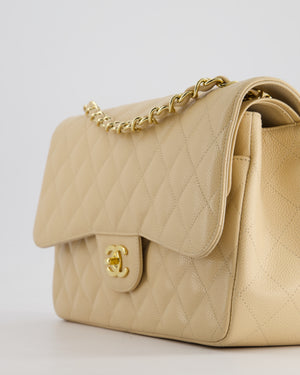 Chanel Beige Jumbo Classic Double Flap Bag in Caviar Leather with Gold Hardware