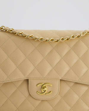 Chanel Beige Jumbo Classic Double Flap Bag in Caviar Leather with Gold Hardware