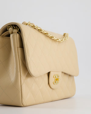 Chanel Beige Jumbo Classic Double Flap Bag in Caviar Leather with Gold Hardware