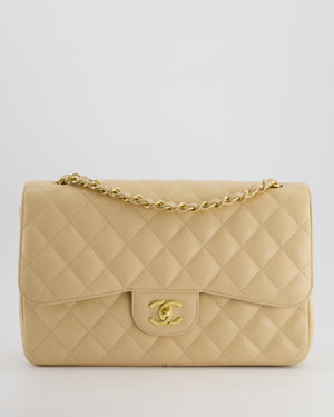 Chanel Beige Jumbo Classic Double Flap Bag in Caviar Leather with Gold Hardware