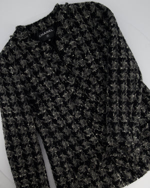 Chanel Black and Grey Tweed Large Houndstooth Jacket with Front Pockets and Black Leather Button Details, Size FR 38 (UK 10)