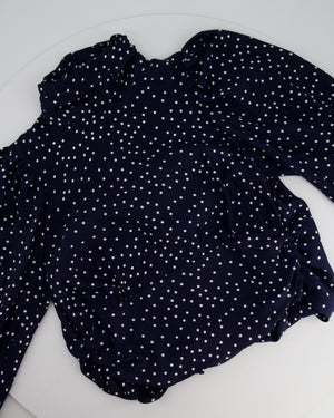 Magda Butrym Navy and White Long Sleeve Polka Dot Silk Blouse with High Neck and Back Tie Size FR 34 (UK 6)