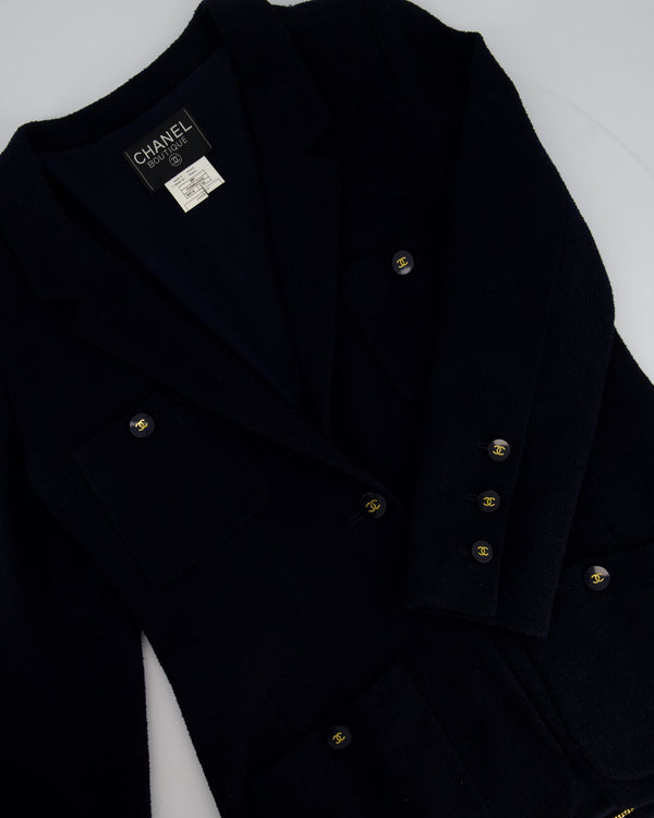 Chanel 95P Navy Tweed Jacket with Front Pockets and Gold CC Logo Button Details, Size FR 46 (UK 18)