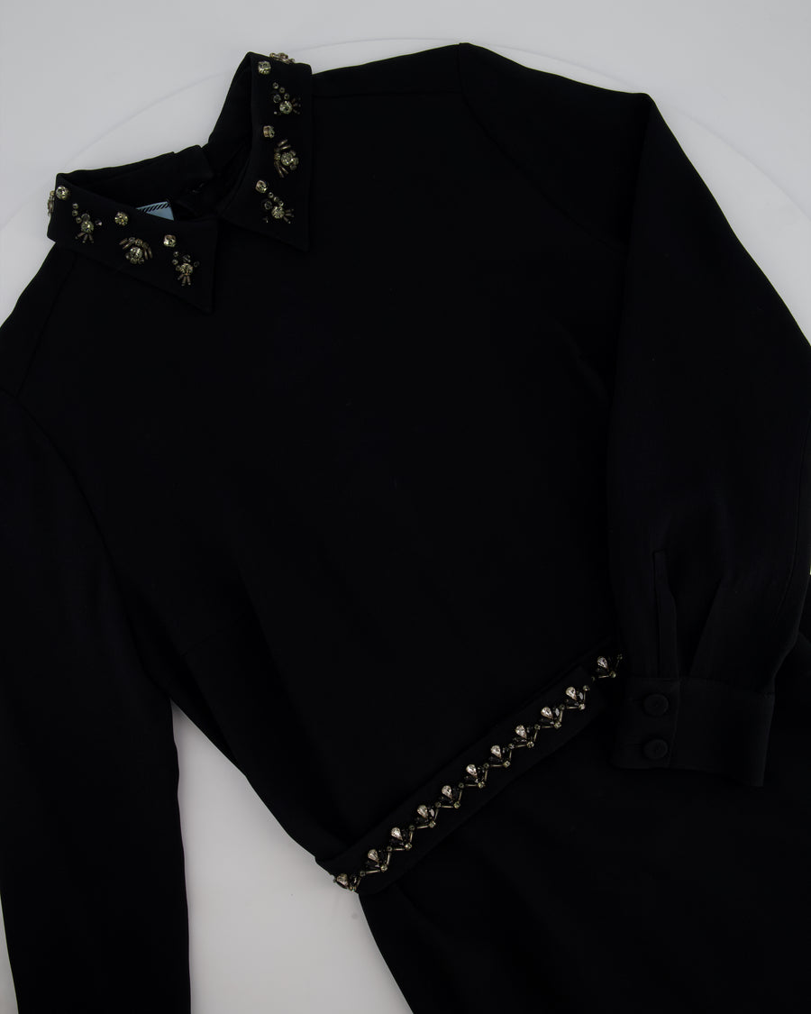 Prada Black Long Sleeve Midi Dress with Crystal Embellishment Details on Collar and Belt Size IT 42 (UK 10)