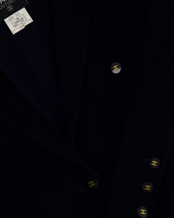 Chanel 95P Navy Tweed Jacket with Front Pockets and Gold CC Logo Button Details, Size FR 46 (UK 18)