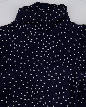 Magda Butrym Navy and White Long Sleeve Polka Dot Silk Blouse with High Neck and Back Tie Size FR 34 (UK 6)