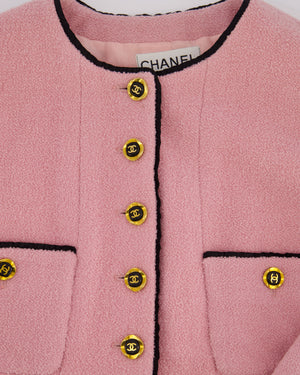 Chanel 94C Pink Tweed Jacket with Black Trim and Gold CC Logo Button Details, Size FR 42 (UK 14)