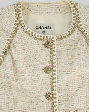 Chanel Cream Tweed Jacket with Orange, Green and Thread Details and Owl CC Logo Buttons Size FR 38 (UK 10)