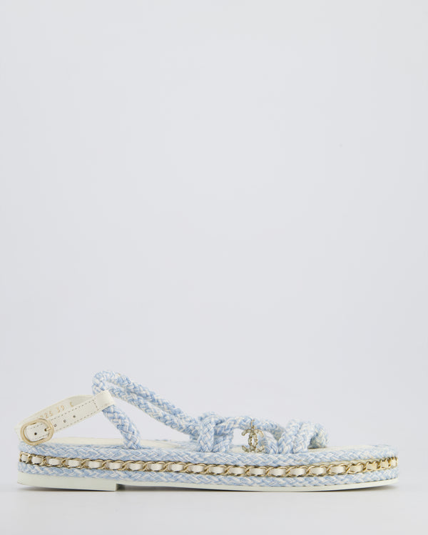 Chanel Baby Blue & White Rope Woven Flat Sandals with Champagne Gold Chain Trim and CC Logo Size EU 39C