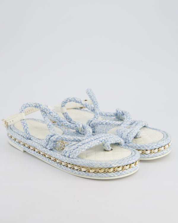 Chanel Baby Blue & White Rope Woven Flat Sandals with Champagne Gold Chain Trim and CC Logo Size EU 39C