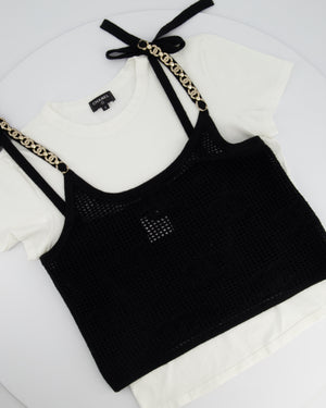 *HOT* Chanel 22C Black Sleeveless Knitted Top with Crystal CC Logo Straps and White Cotton Short Sleeve T-Shirt with Small Crystal Logo Detail Size FR S (UK 8) RRP £3160