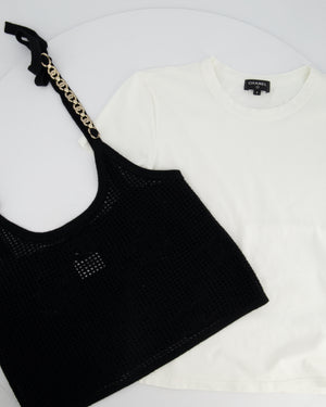 *HOT* Chanel 22C Black Sleeveless Knitted Top with Crystal CC Logo Straps and White Cotton Short Sleeve T-Shirt with Small Crystal Logo Detail Size FR S (UK 8) RRP £3160