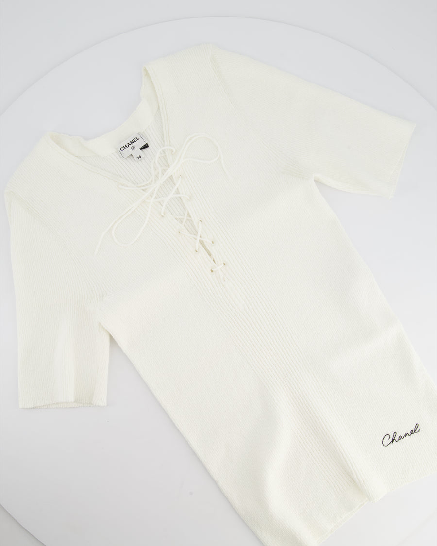 Chanel 25C White Cotton Blend Short Sleeve Jumper with Corset Neck Detail and Embroidered Logo Size FR 38 (UK 10) RRP £2395