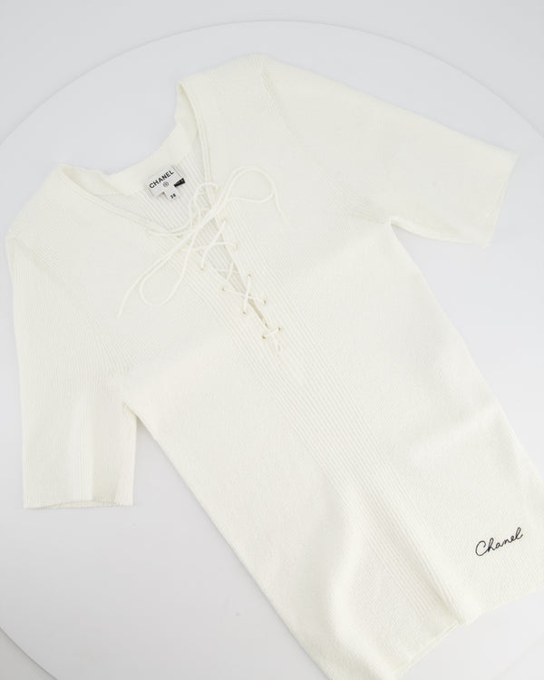 Chanel 25C White Cotton Blend Short Sleeve Jumper with Corset Neck Detail and Embroidered Logo Size FR 38 (UK 10) RRP £2395