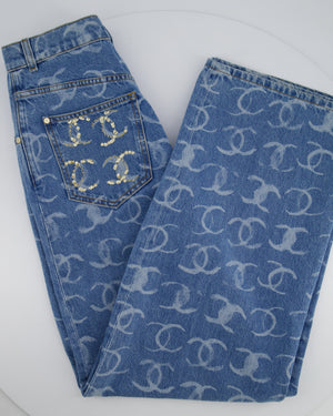 *HOT* Chanel CC Printed Wide Leg Jeans with Sequinned CC Logo Back Pocket Details Size FR 34 (UK 6)