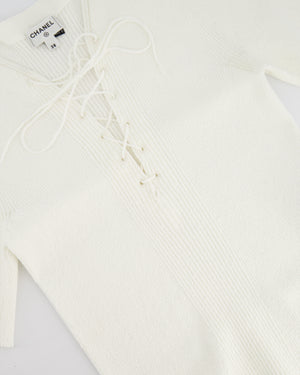 Chanel 25C White Cotton Blend Short Sleeve Jumper with Corset Neck Detail and Embroidered Logo Size FR 38 (UK 10) RRP £2395