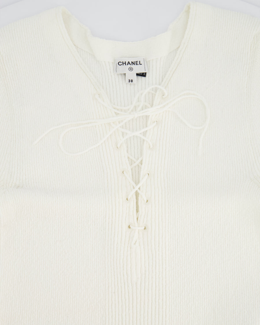 Chanel 25C White Cotton Blend Short Sleeve Jumper with Corset Neck Detail and Embroidered Logo Size FR 38 (UK 10) RRP £2395