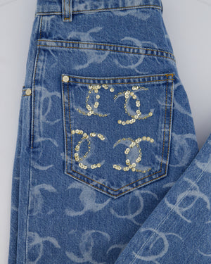 *HOT* Chanel CC Printed Wide Leg Jeans with Sequinned CC Logo Back Pocket Details Size FR 34 (UK 6)