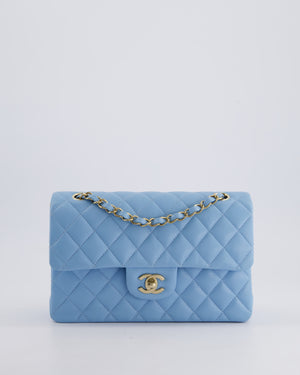 *HOT* Chanel Baby Blue Small Classic Double Flap Bag in Caviar Leather with Champagne Gold Hardware