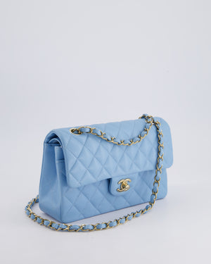 *HOT* Chanel Baby Blue Small Classic Double Flap Bag in Caviar Leather with Champagne Gold Hardware