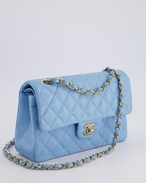 *HOT* Chanel Baby Blue Small Classic Double Flap Bag in Caviar Leather with Champagne Gold Hardware