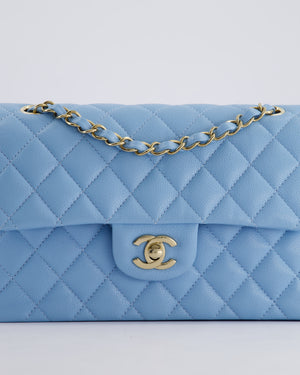 *HOT* Chanel Baby Blue Small Classic Double Flap Bag in Caviar Leather with Champagne Gold Hardware