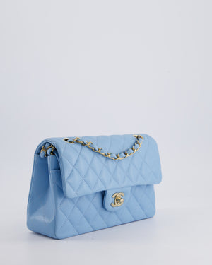 *HOT* Chanel Baby Blue Small Classic Double Flap Bag in Caviar Leather with Champagne Gold Hardware