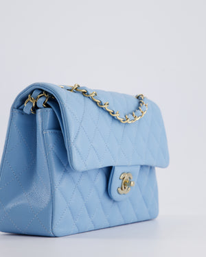 *HOT* Chanel Baby Blue Small Classic Double Flap Bag in Caviar Leather with Champagne Gold Hardware