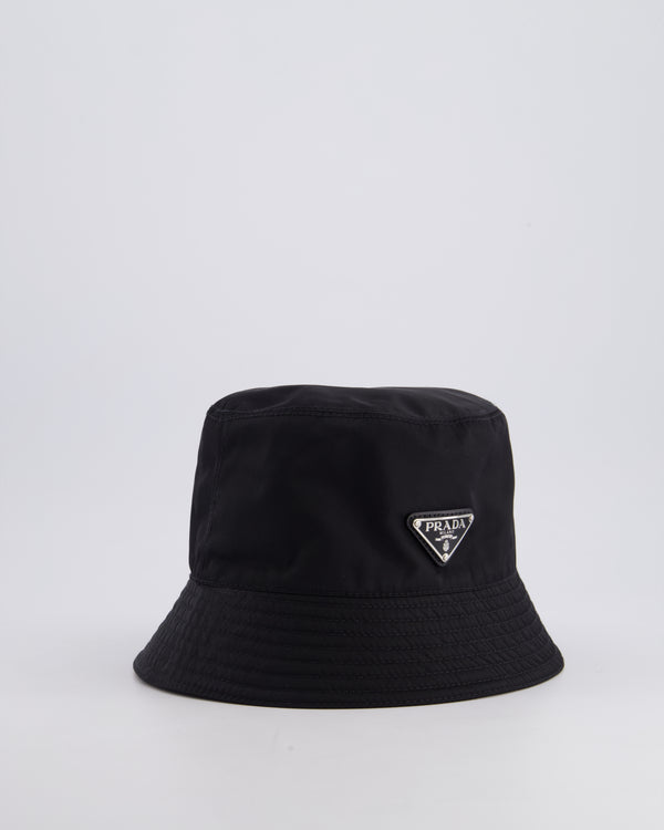 Prada Black Re-Nylon Bucket Hat with Silver Logo Size S