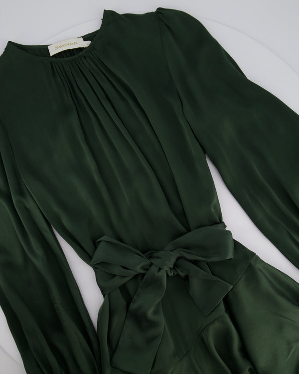 Zimmermann Dark Green Silk Long Sleeve Ruffled Dress With Belt Tie Detail Size 2 (UK 10/12)