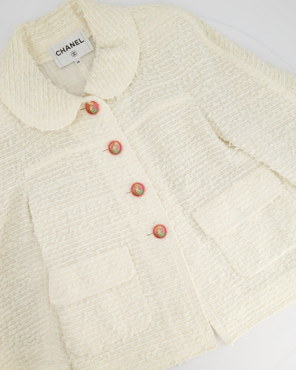 Chanel 17P Cream Tweed Round Neck Collar Jacket with Pink Buttons and Pocket Detail Size FR 38 (UK 10)