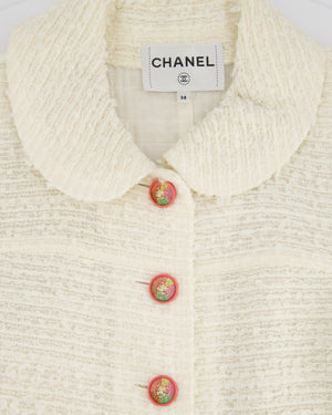 Chanel 17P Cream Tweed Round Neck Collar Jacket with Pink Buttons and Pocket Detail Size FR 38 (UK 10)