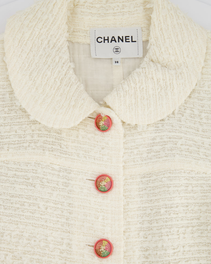 Chanel 17P Cream Tweed Round Neck Collar Jacket with Pink Buttons and Pocket Detail Size FR 38 (UK 10)