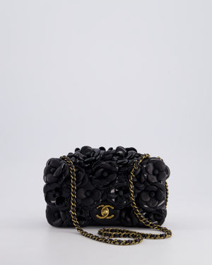 *RARE* Chanel Black Mini Single Flap Bag with 3D Camellia Embellishments in Patent and Lambskin Leather with Antique Gold Hardware