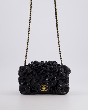 *RARE* Chanel Black Mini Single Flap Bag with 3D Camellia Embellishments in Patent and Lambskin Leather with Antique Gold Hardware