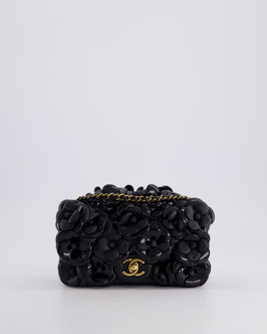 *RARE* Chanel Black Mini Single Flap Bag with 3D Camellia Embellishments in Patent and Lambskin Leather with Antique Gold Hardware