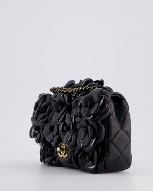 *RARE* Chanel Black Mini Single Flap Bag with 3D Camellia Embellishments in Patent and Lambskin Leather with Antique Gold Hardware