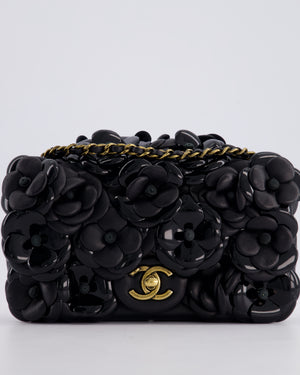 *RARE* Chanel Black Mini Single Flap Bag with 3D Camellia Embellishments in Patent and Lambskin Leather with Antique Gold Hardware