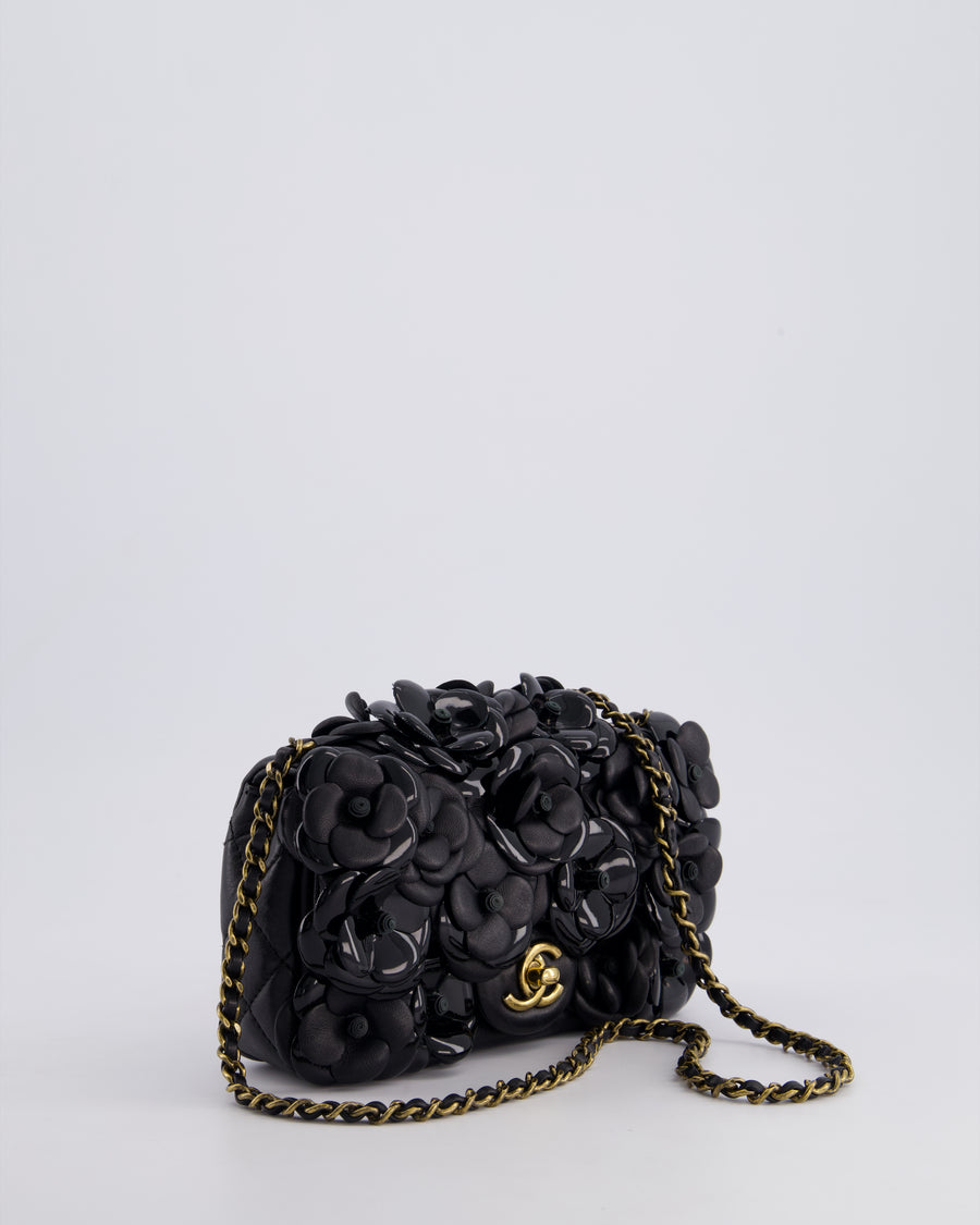 *RARE* Chanel Black Mini Single Flap Bag with 3D Camellia Embellishments in Patent and Lambskin Leather with Antique Gold Hardware