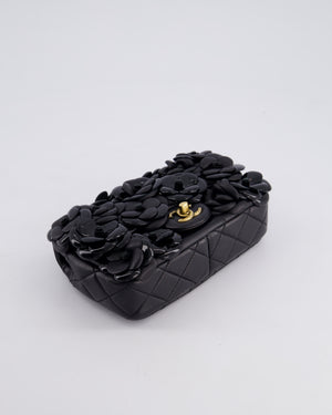 *RARE* Chanel Black Mini Single Flap Bag with 3D Camellia Embellishments in Patent and Lambskin Leather with Antique Gold Hardware