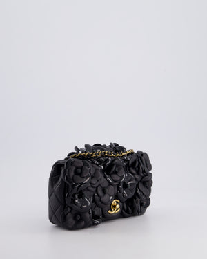 *RARE* Chanel Black Mini Single Flap Bag with 3D Camellia Embellishments in Patent and Lambskin Leather with Antique Gold Hardware