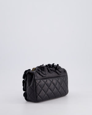 *RARE* Chanel Black Mini Single Flap Bag with 3D Camellia Embellishments in Patent and Lambskin Leather with Antique Gold Hardware