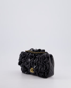 *RARE* Chanel Black Mini Single Flap Bag with 3D Camellia Embellishments in Patent and Lambskin Leather with Antique Gold Hardware