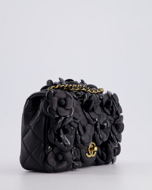 *RARE* Chanel Black Mini Single Flap Bag with 3D Camellia Embellishments in Patent and Lambskin Leather with Antique Gold Hardware